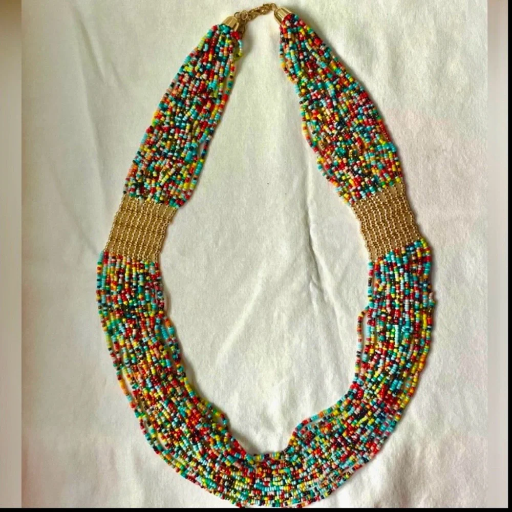 Beautiful Multicolored & Gold 20 Strand Seed Bead Statement Necklace 27”